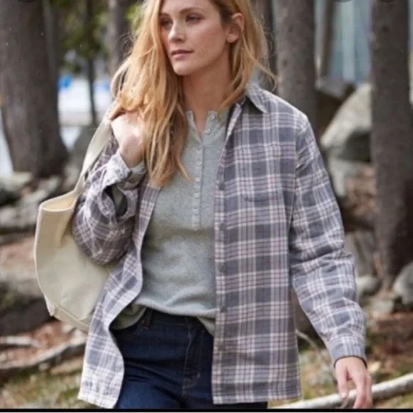 L.L. Bean Fleece Lined Plaid Flannel Shirt Jacket Pink White Sz M - Picture 6 of 7